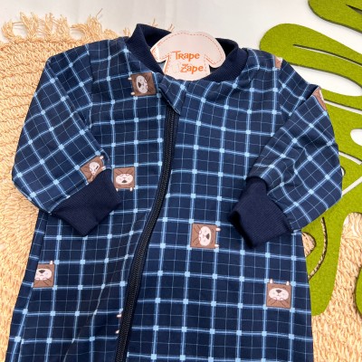  Inverno 2025 - Macacão com Abertura em Zíper Ursos Quadrados  - Marinho